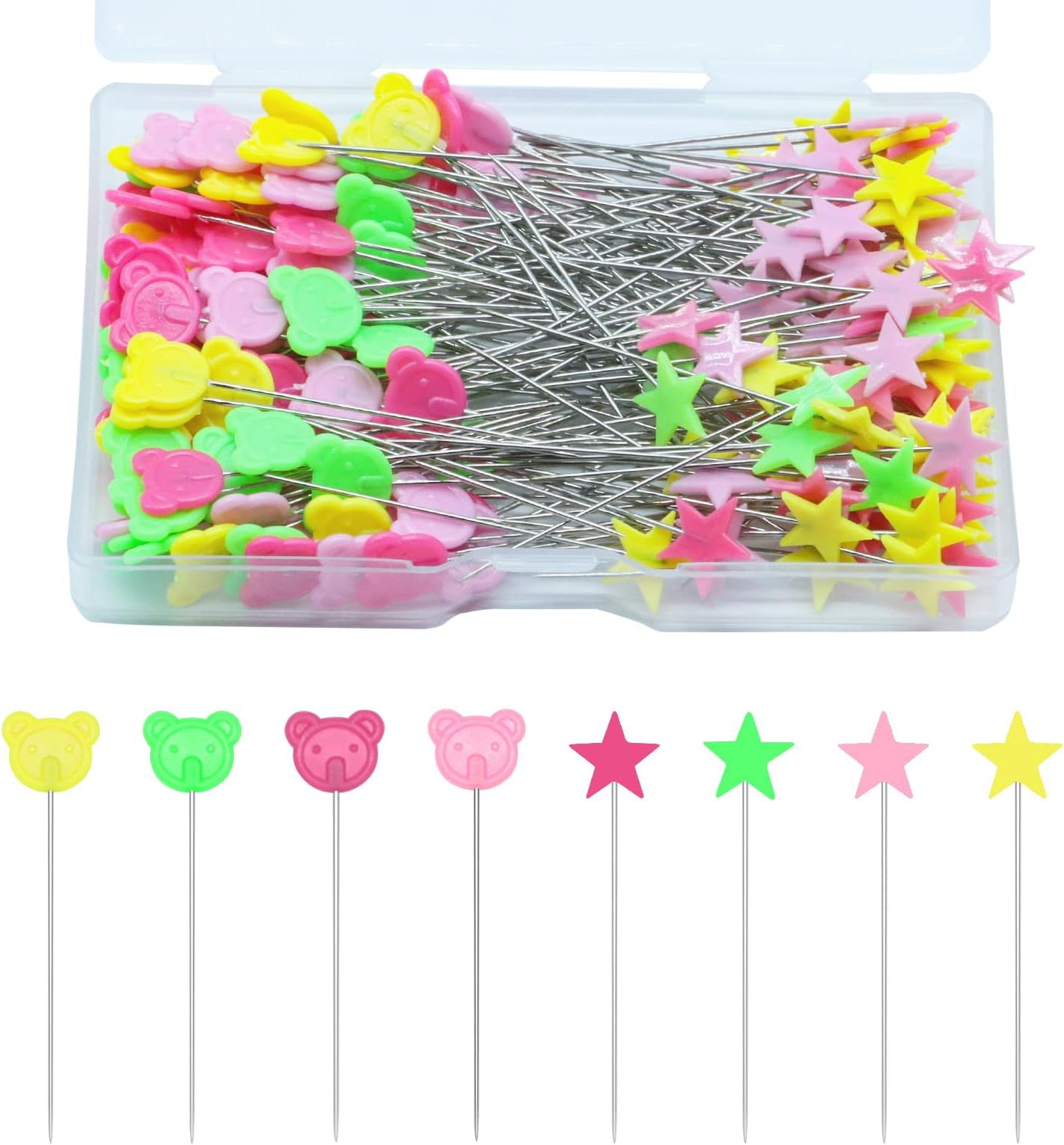 200 Pcs Flat Head Straight Pins,Pentagram and Little Bear Head Sewing Pins Colored Head Straight Pins Positioning Quilting Pins for Fabric Crafting Dressmaker Jewelry Decoration