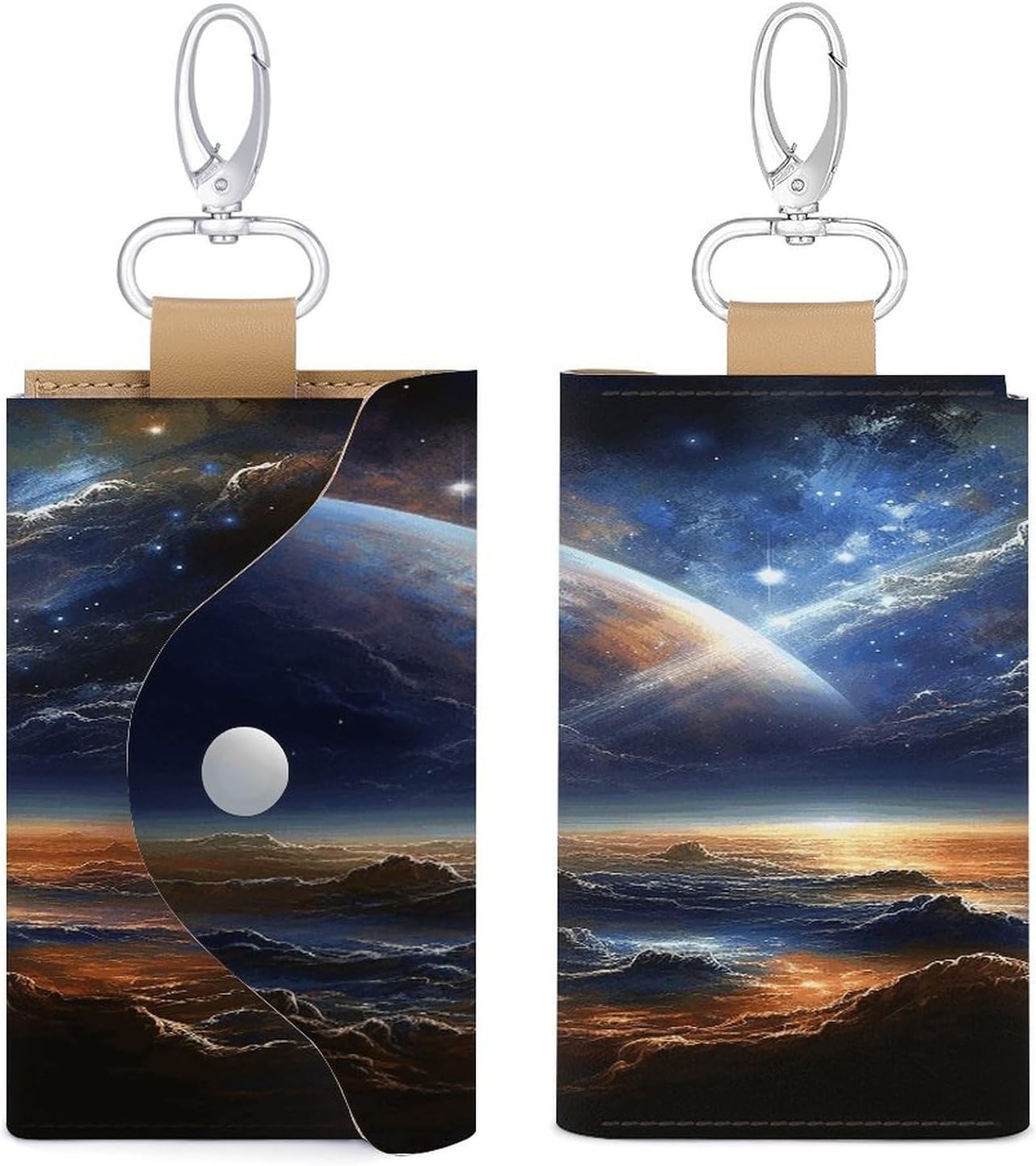 Universe Landscape Painting Key Case Leather Car Key Chain Card Holder Wallet Pouch Keys Money Organizer Case Snap Closure