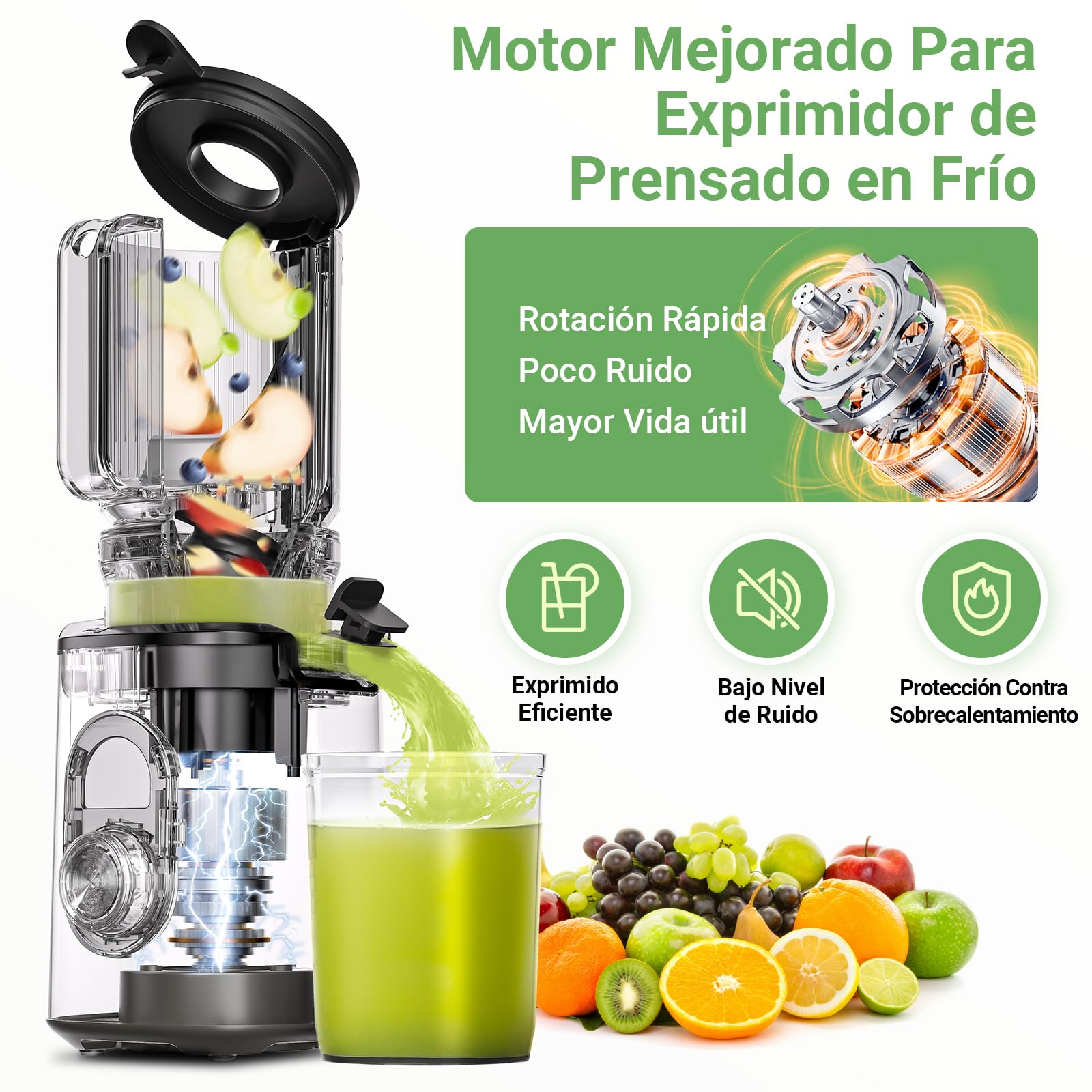 AAOBOSI Extractor de Zumos y Verduras, Slow Juicer 110MM de Gran Apertur, Fácil De Limpiar, con función de masticación inversa, sin BPA, Apto para Frutas y Verduras, Con 2 Tazas y Cepillo
