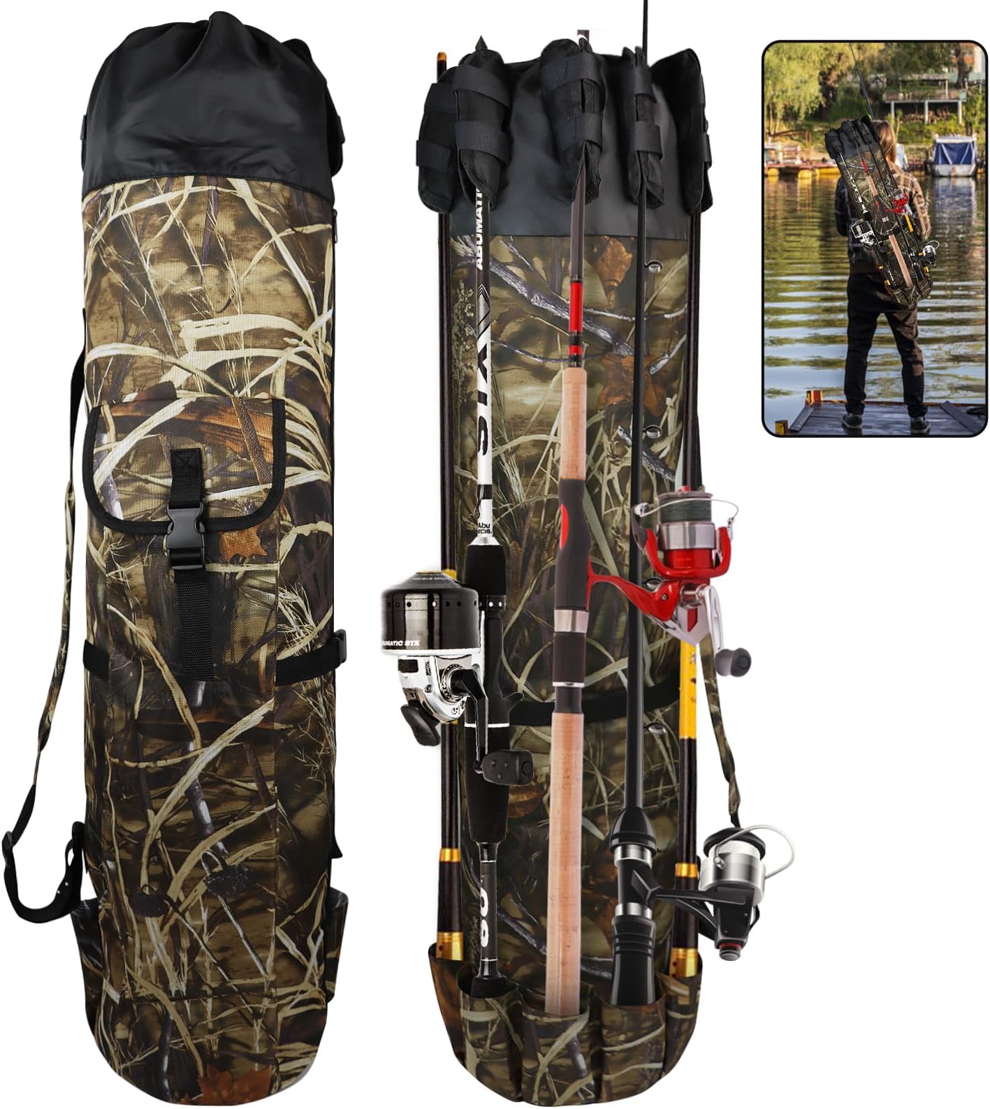 FOUUAAOOU Fishing Rod Bag, Fish Pole Case Bag with Durable Folding Oxford Fabric, Portable Fishing Gear for Men Fishing Gifts (Camouflage)