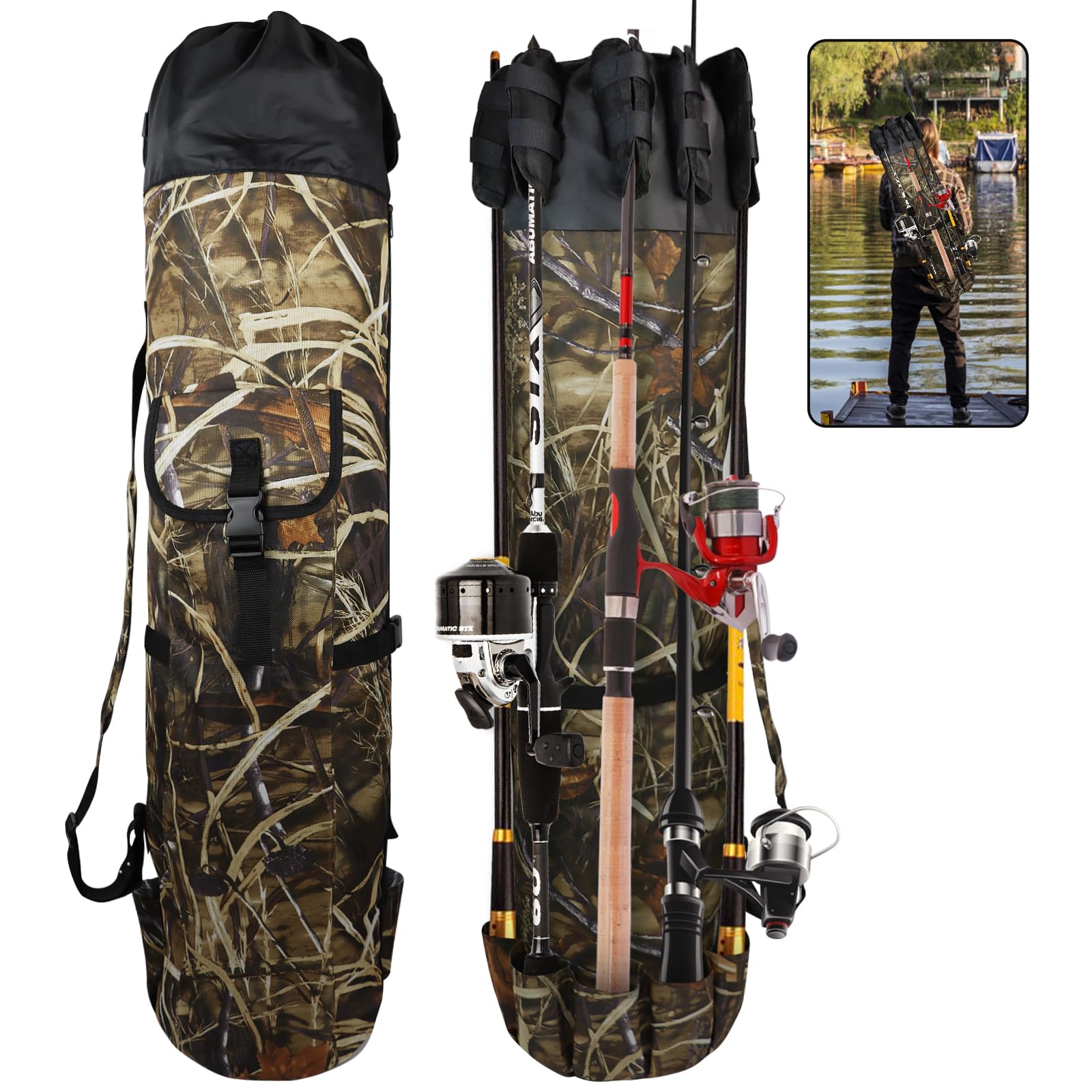 FOUUAAOOU Fishing Rod Bag, Fish Pole Case Bag with Durable Folding Oxford Fabric, Portable Fishing Gear for Men Fishing Gifts (Camouflage)