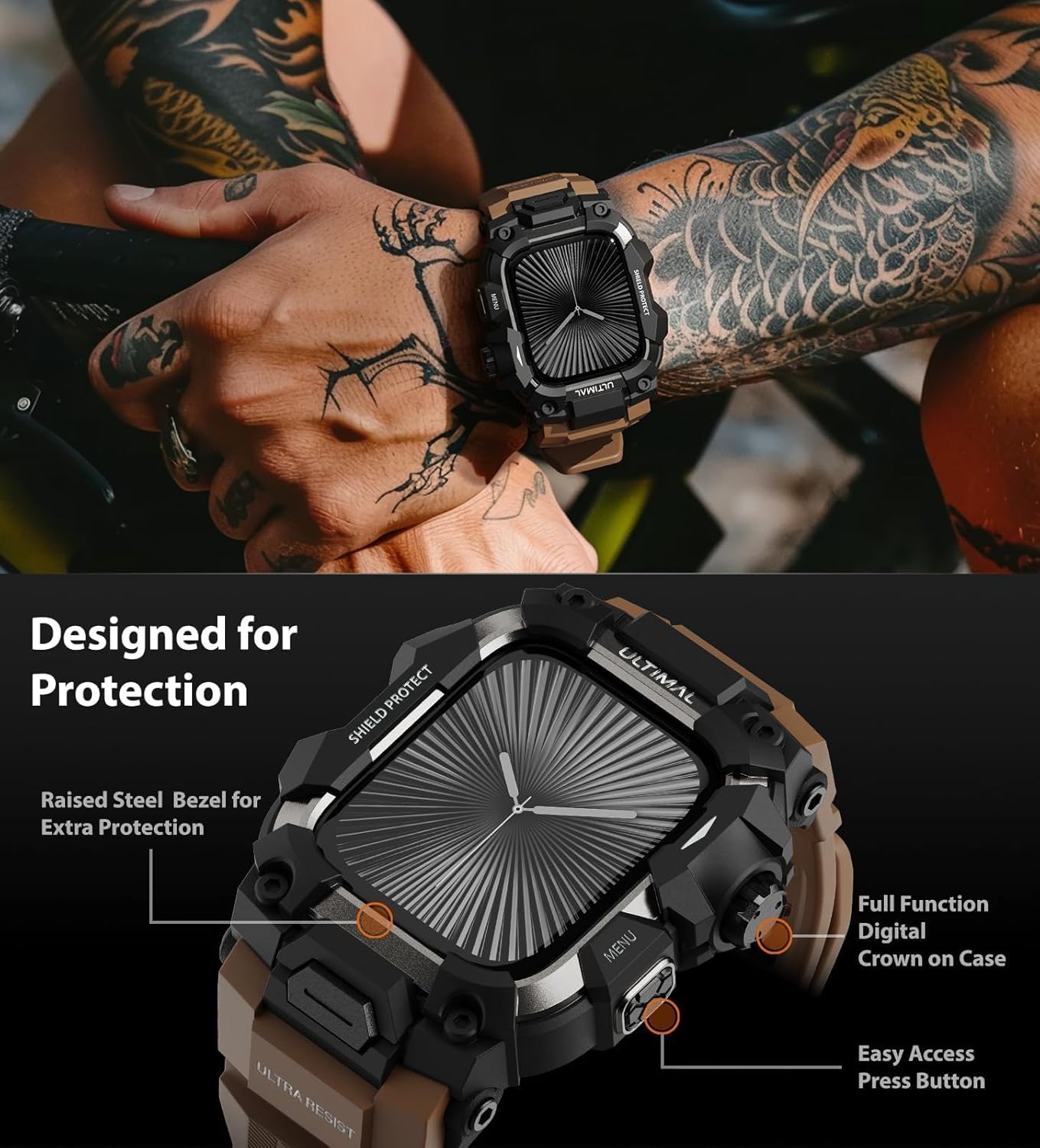 ULTIMAL Rugged Case with Band for Apple Watch 46mm,Compatible with Apple Watch Series 11/10, Military Grade Shockproof Bumper Cover for iWatch Tactical Band Men (Coffee Brown, 46mm)