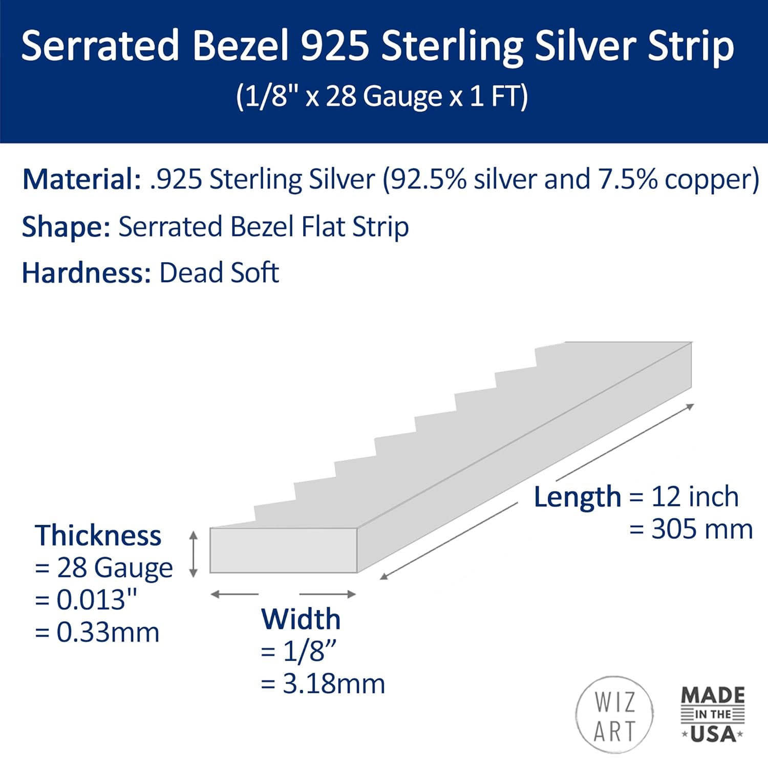 Serrated Bezel Wire 925 Sterling Silver Flat Strip (1/8" x 28 Gauge x 1FT) - 1 Strip - for Jewelry Art from WIZART