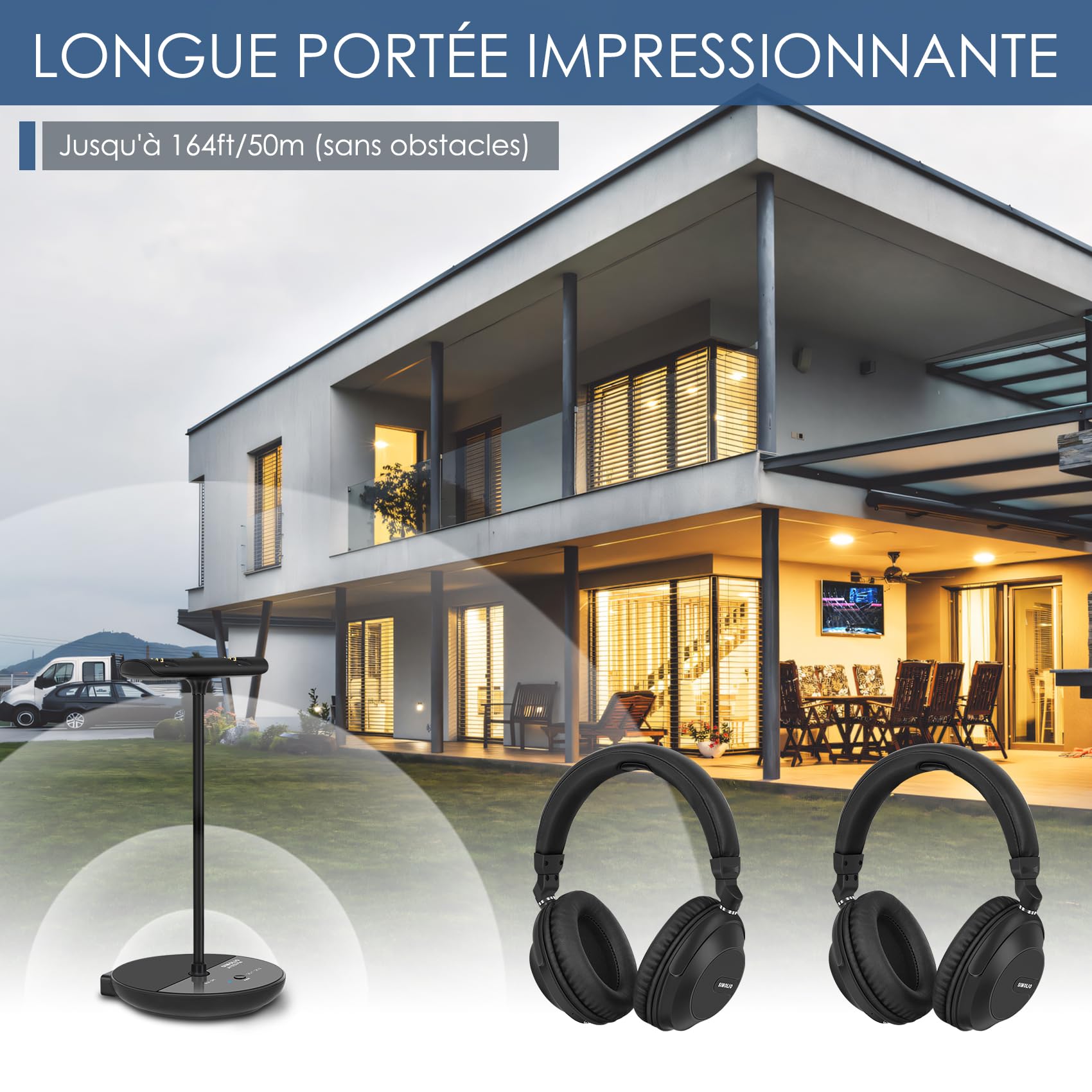 SIMOLIO Double Casque TV sans Fil, Mode TV/Bluetooth, Clarté des Dialogues