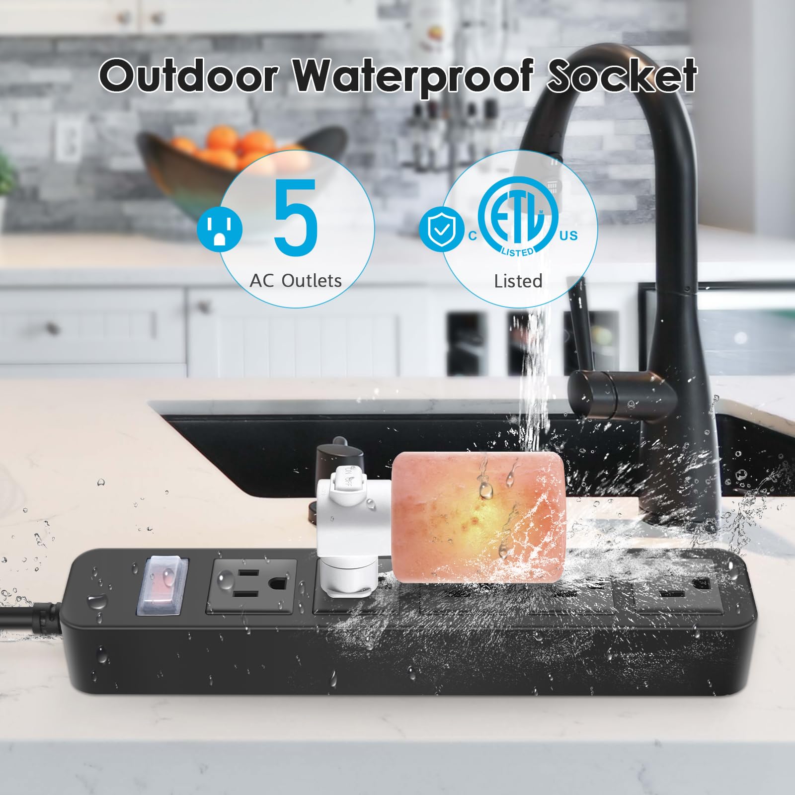Regleta de alimentación para exteriores impermeable con 5 tomas, protector de sobretensiones resistente a la intemperie para jardín, enchufe exterior de múltiples salidas de Navidad para aparatos de