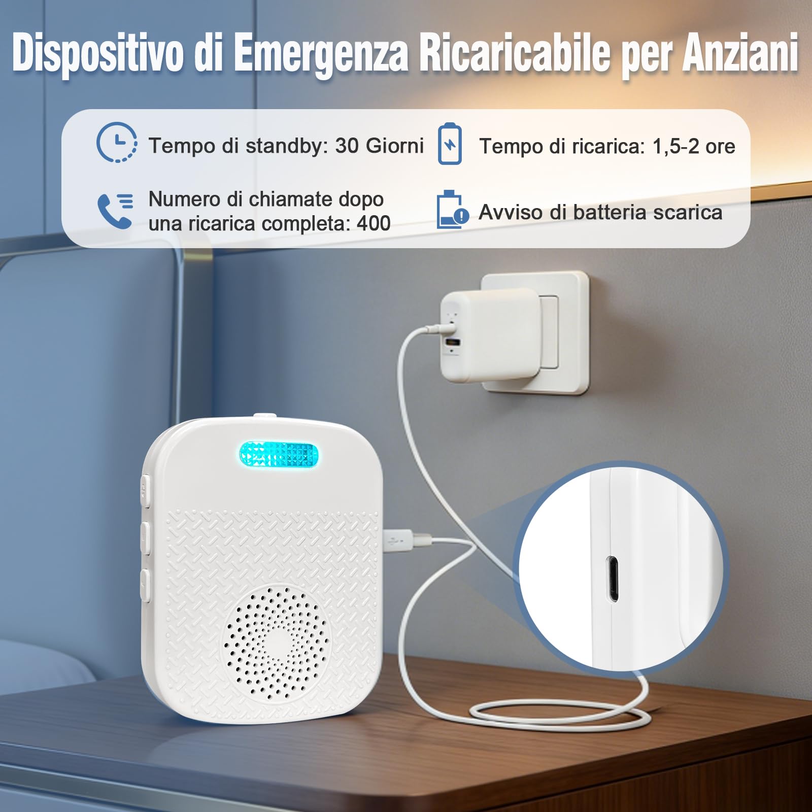 Pulsante di emergenza per anziani Sistema di telesoccorso interno Bracciale di emergenza per anziani Ricevitore ricaricabile Allarme SOS (Ricevitore*2 + Braccialetto*1 + Trasmettitore*1)