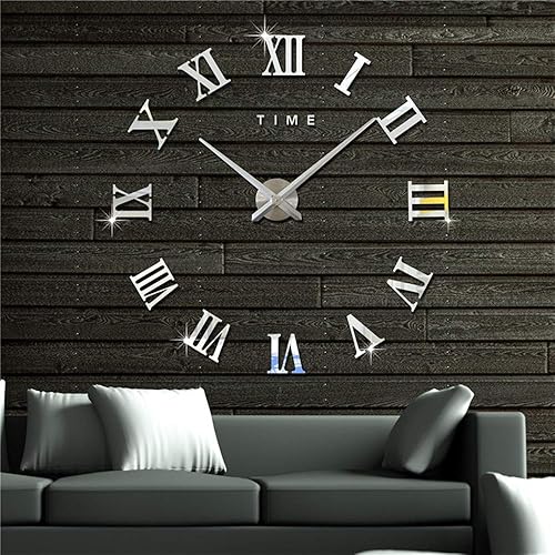 Reloj de pared 3D DIY grandes números romanos vintage acrílico pegatinas espejo decoración del hogar (plata)