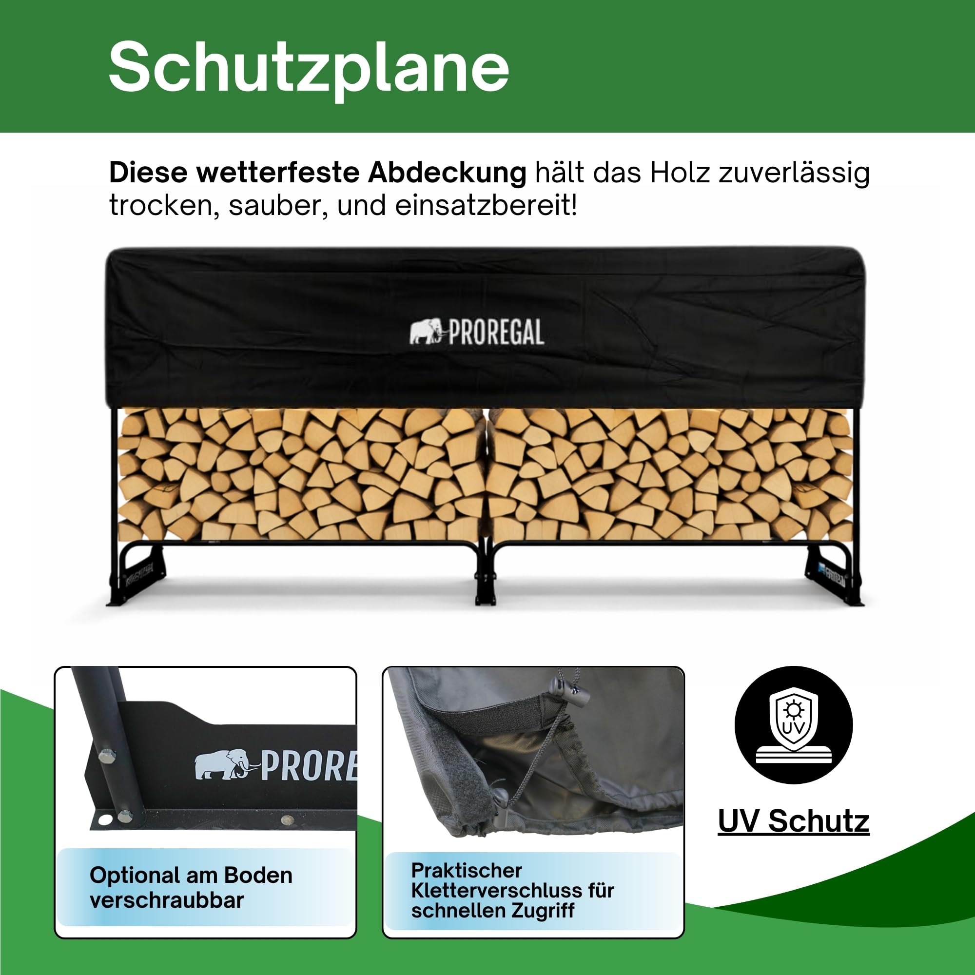 PROREGAL Portalegna CHIMERA | Uso esterno | AxLxP 117x260x36 cm | Include copertura e guanti | Metallo | Nero