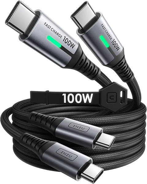 INIU USB C Cable, (6.6ft, 2-Pack) 100W USB C to C Fast Charging Cord, Braided Type C Charger Cable for iPhone 16 Pro Max 15 Plus Samsung Galaxy S24 S21 S10 Note 10 MacBook iPad Kindle etc.