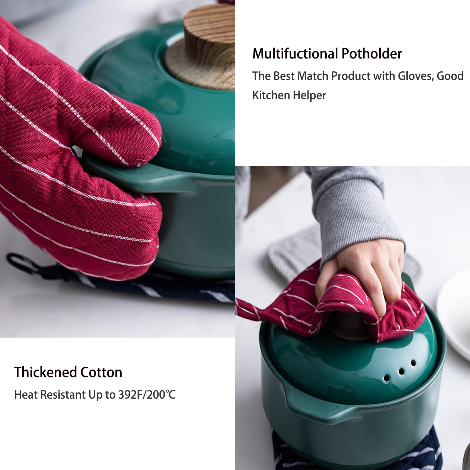 Juego de 4 guantes de horno y soportes para ollas, resistentes al calor, con agarradera, guantes de microondas resistentes al calor, seguros para hornear, cocinar, barbacoa (rojo)