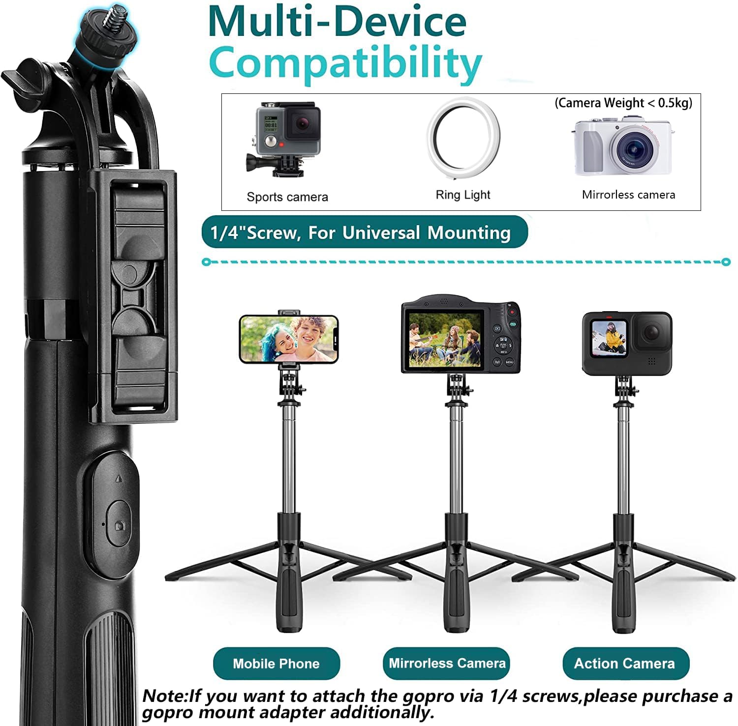 Celfiexpt 62" Extendable Selfie Stick Tripod Bluetooth Remote 360° Rotating Phone Mount & 1/4'' Camera Screw, Long Tripod Stand for Vlogging,Live Streaming,Compatible with iPhone Android Action Camera 2