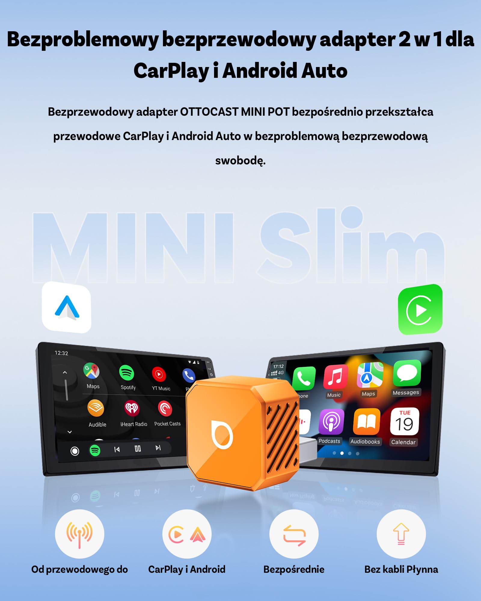 2026 Ottocast Mini Pot Orange, Bezprzewodowy Adapter 2-w-1 CarPlay i Android Auto, Dongle Wireless Plug & Play, Automatyczne Połączenie w 5s, do Samochodów z Fabrycznym Przewodem, iPhone i Android