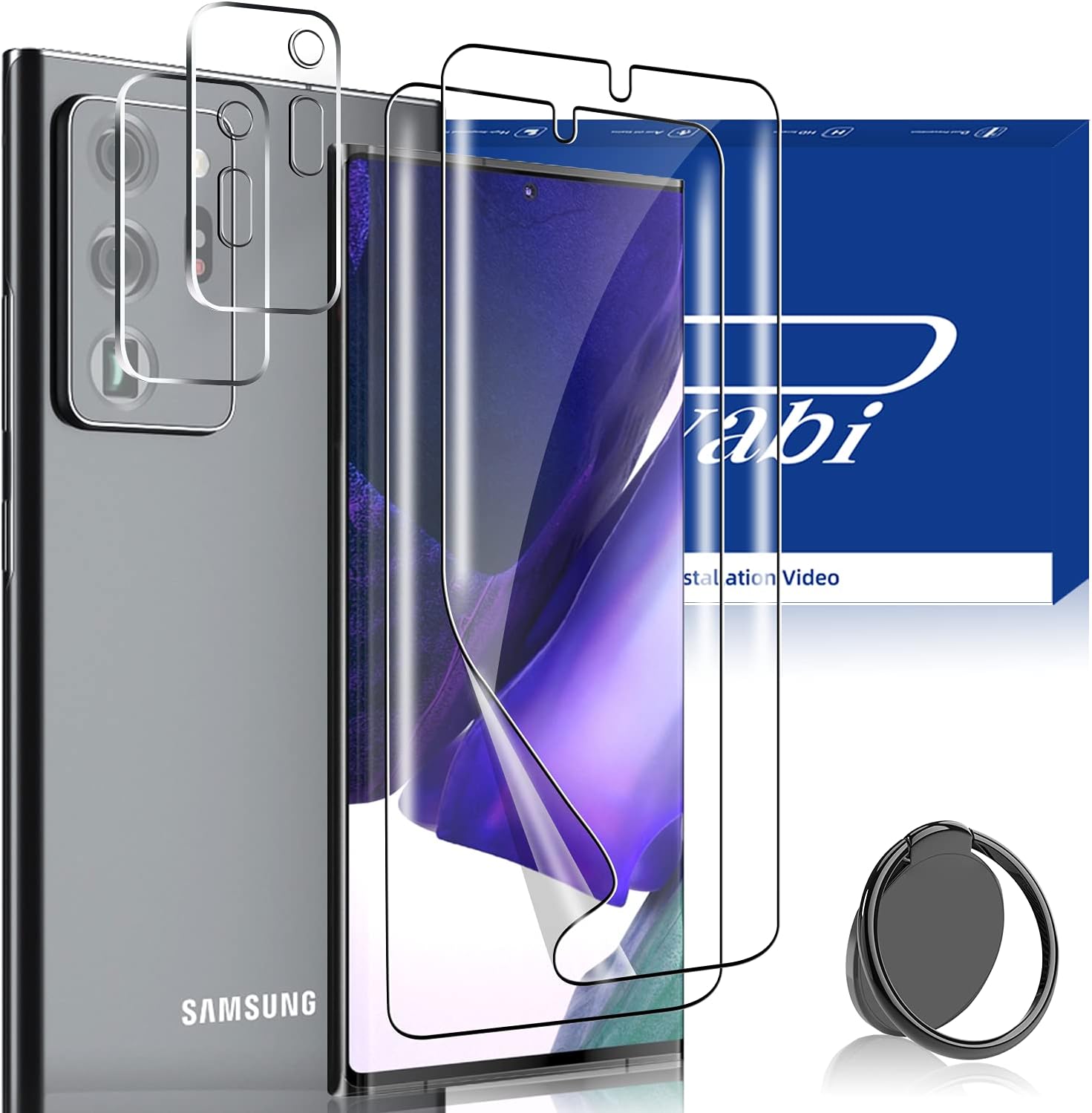 [2+2+1 Pack] Panawabi Compatible for Samsung Galaxy Note 20 Ultra Flexible TPU Screen Protector + Camera Lens Protector with 360°Rotation Finger Ring Holder Kickstand, Full Coverage, Case Friendly