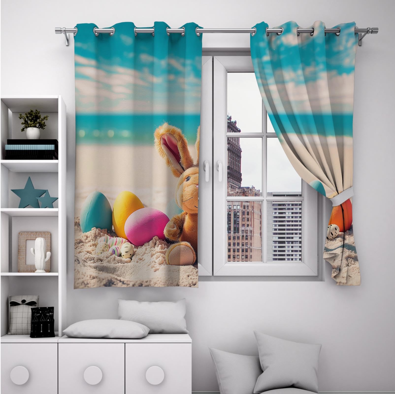 HOBBOY Holiday Theme Curtains Beach Landscape Window Drapes Color Balls Rabbit Toy Pattern Blackout Curtains for Bedroom Living Room 2 Panels 2X W38xL63in