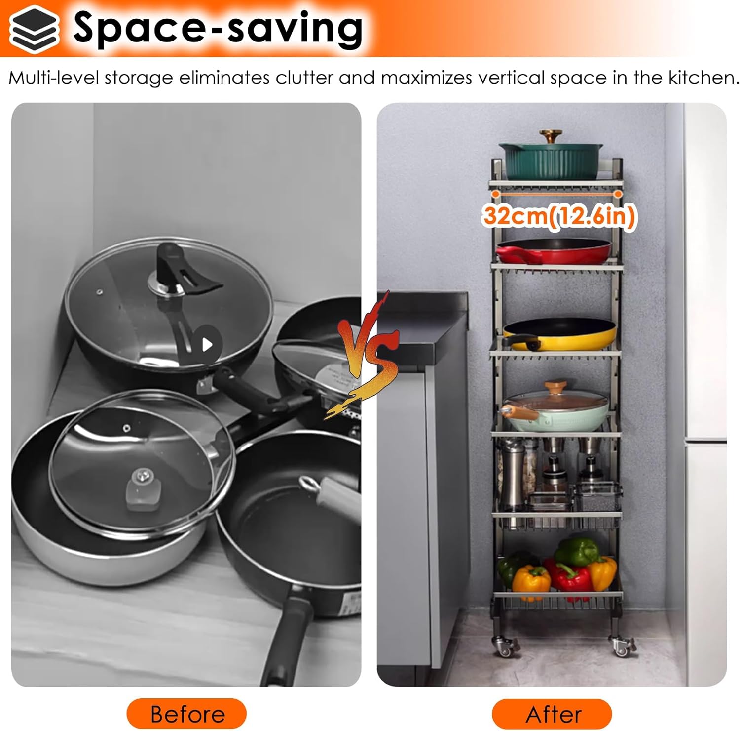 LZMZMQ Mobile Pot Organizer Cart Space Saving, Home Kitchen Cookware Storage Rack with Removable & Adjustable Divider, 5/6 Levels Aluminum Pots Holder(5-Tier)