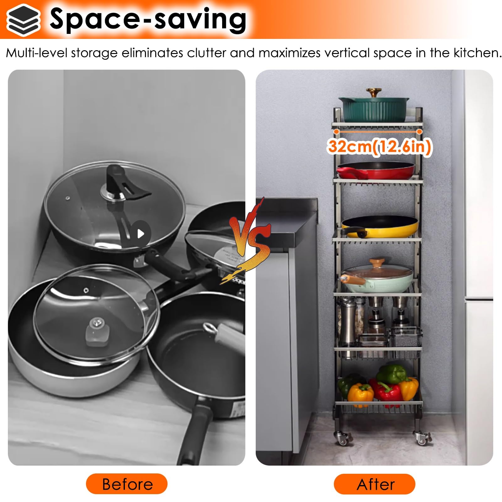 Carrito organizador de ollas y sartenes, estante de almacenamiento ajustable para ahorrar espacio en la cocina