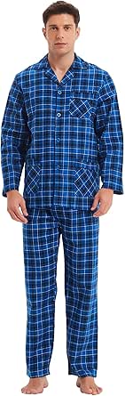 GLOBAL Pyjama's voor heren | 100% katoenen zachte flanellen pyjama's | Elastische top met lange mouwen en broekje met trekkoord Blauw/Zwart, Geruit M