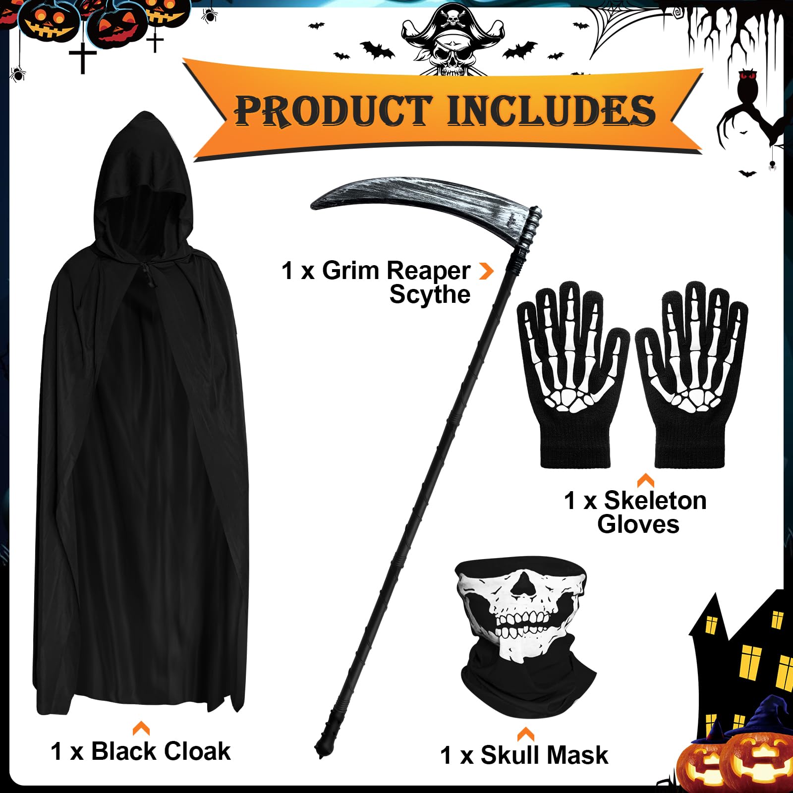 COSBERY Grim Reaper Costume Kids Adult, Boys Mens Halloween Costume Black Cloak with Hood Scythe Skeleton Mask Gloves - Image 3