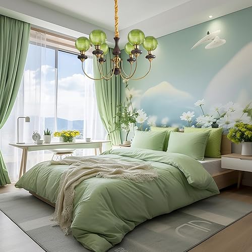 Miniatura 3 de Candelabro Art Deco con globo de cristal verde, 6 luces doradas, vintage, de madera, lámparas colgantes de mediados de siglo, para sala de estar,