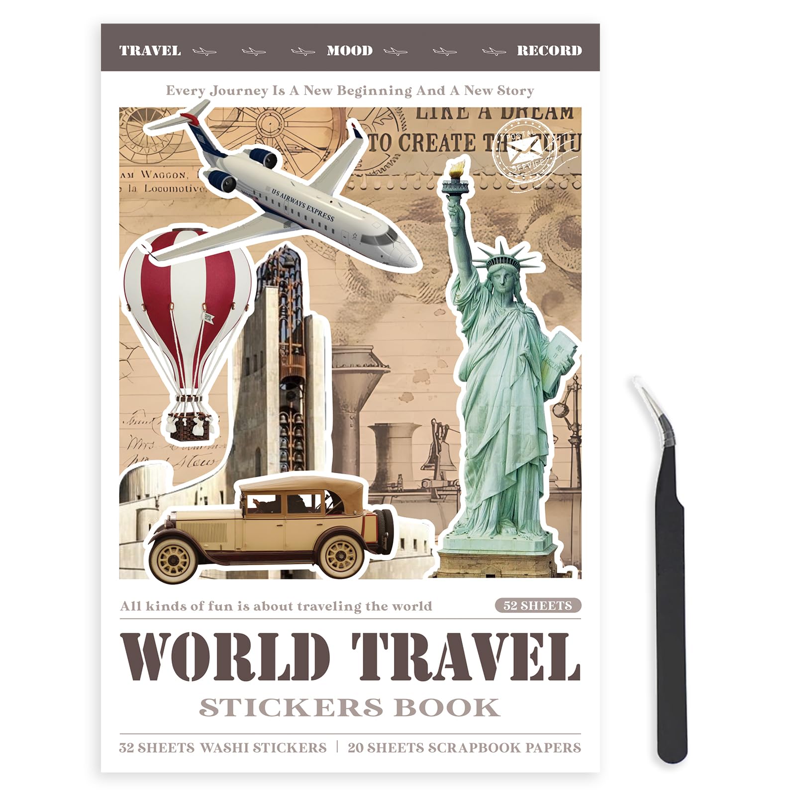 Bomichi Travel Sticker Book, 52 Sheets 377 Pcs of Washi Stickers for Journaling Vintage Travel Scrapbooking Supplies Ideal for Scrapbookers DIY Junk Journals Stickers