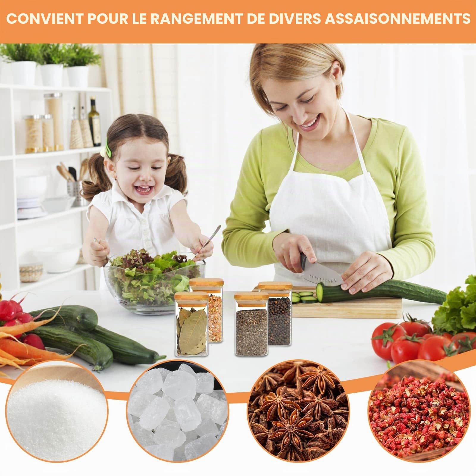 DYUEE Lot de 12 pots à épices en verre avec couvercles en bois, 250 ml - Bocaux de rangement carrés en verre avec étiquettes blanches et stylo - Récipient hermétique en verre pour épices, sel, sucre