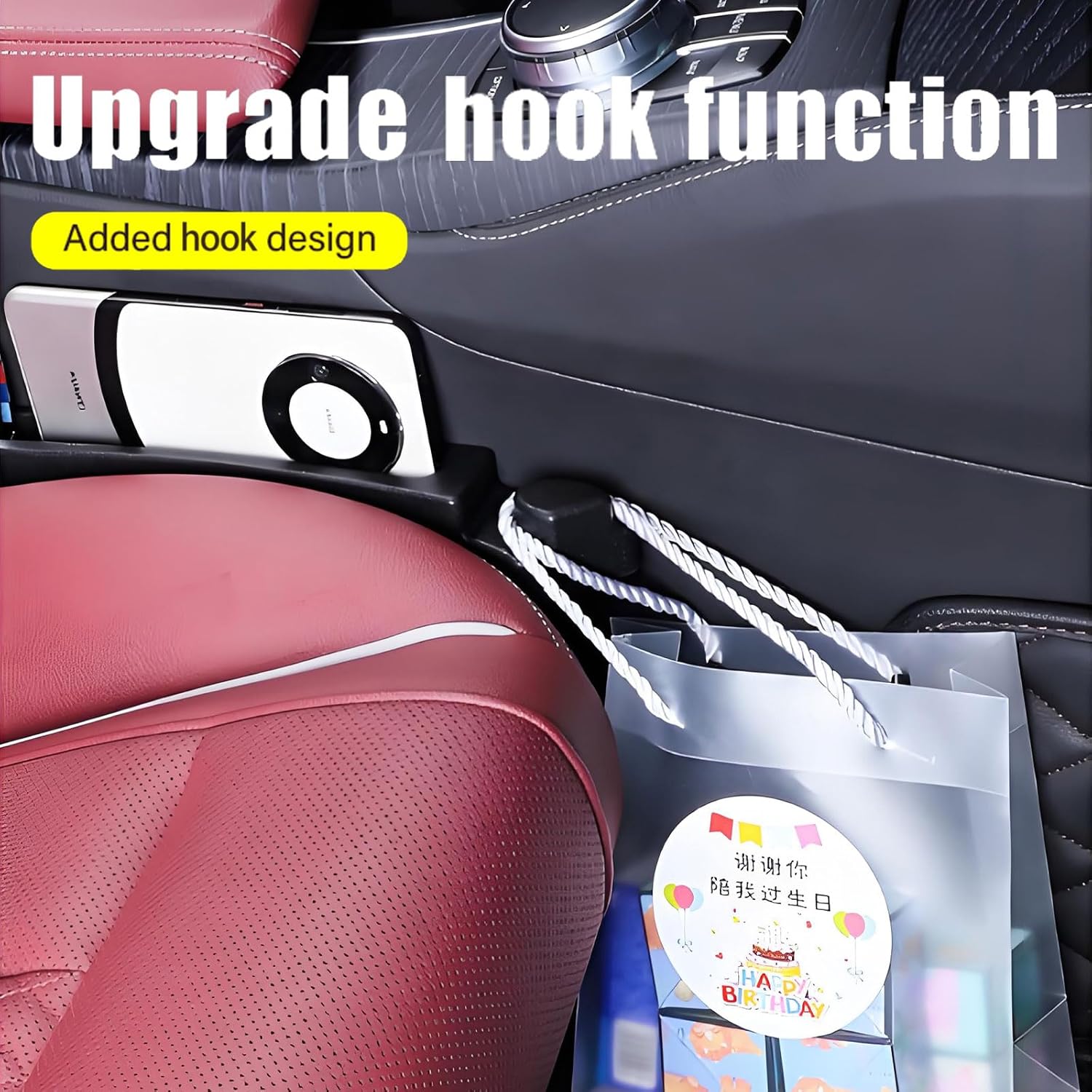 2 Pack Upgrade TPU Universal Dual Car Seat Gap Filler with Hooks, 4 in 1 Black Car Gap Plug Seat Fillers with Hook Odorless for Cars SUV, Console Side Gap Storage Organizer with Charge Cable Hole