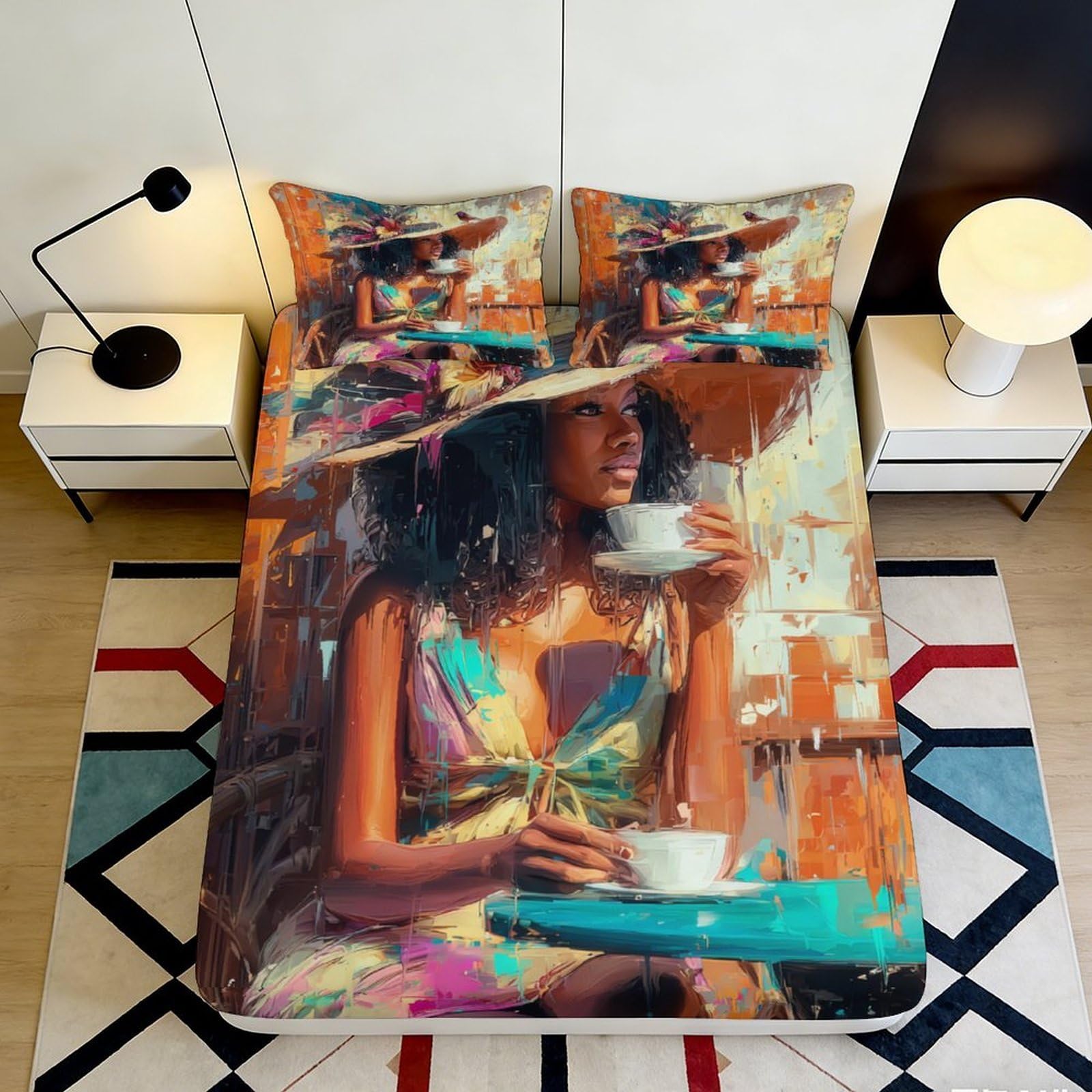 Jqzkxnhpbr Style-2 3D Printed Coffee Art Fitted Sheet Microfiber Soft Breathable Woman Portrait Bed Cover For Bedroom Decor 90X200x25cm