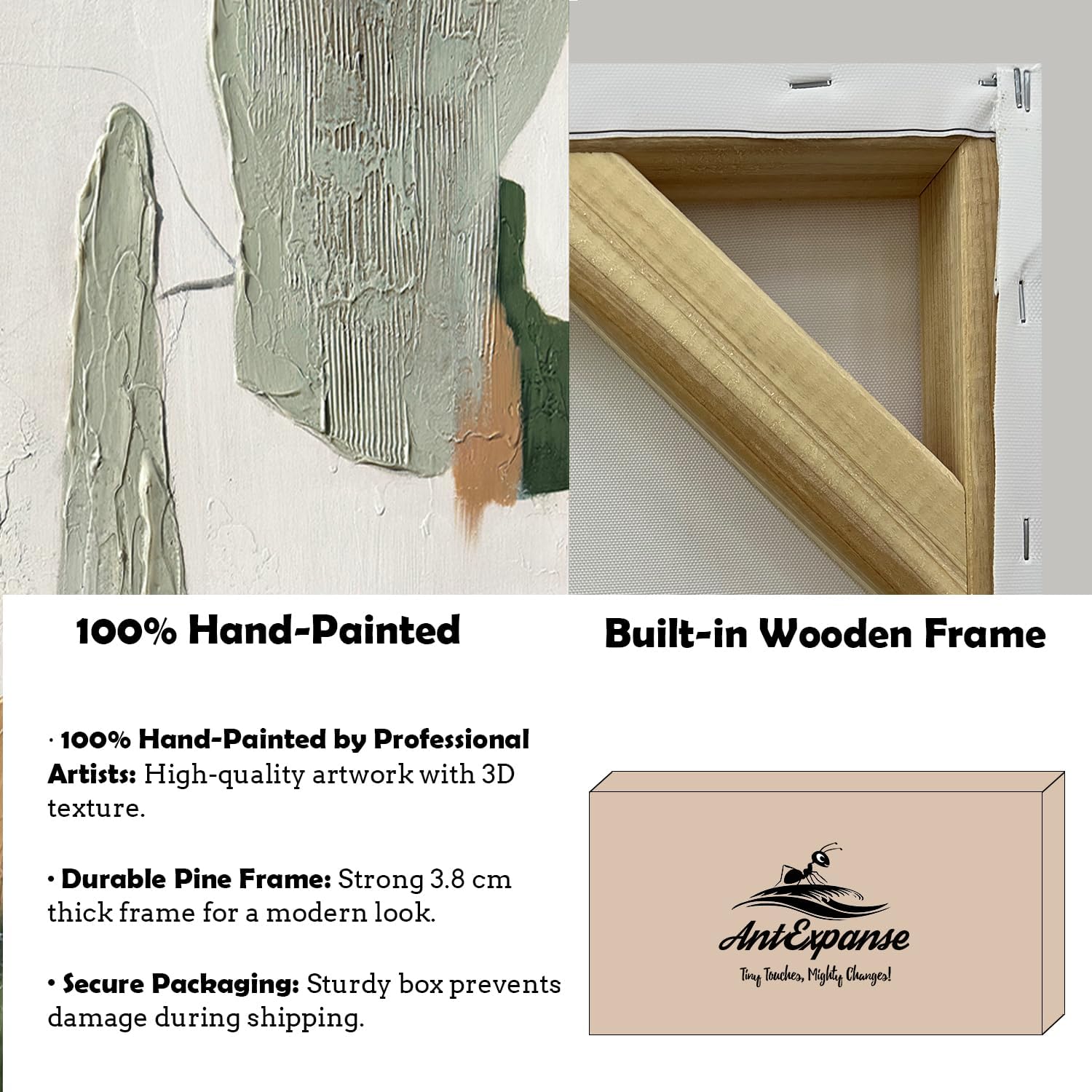 AntExpanse 100% Hand-Painted 3D Abstract Wall Art with Wooden Frame, 24 x 36 Inches Modern Textured Canvas Painting for Living Room, Bedroom, Office Wall Décor, Elegant Green and Minimalist Artwork