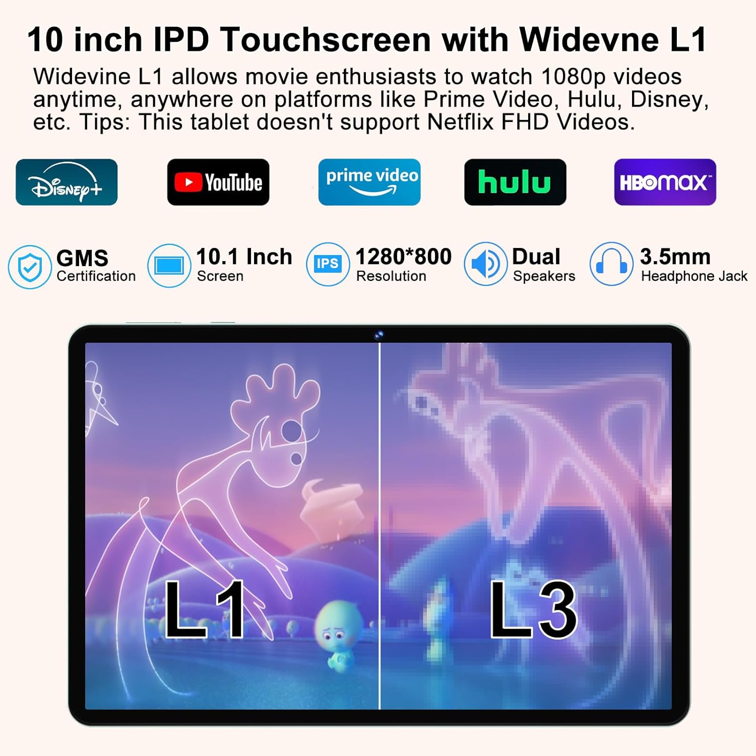 Infographic highlighting Widevine L1 support for 1080p streaming on platforms like Disney+, YouTube, Prime Video, Hulu, and HBO Max. Also shows 10.1 inch IPS screen with 1280x800 resolution, dual speakers, and 3.5mm headphone jack.
