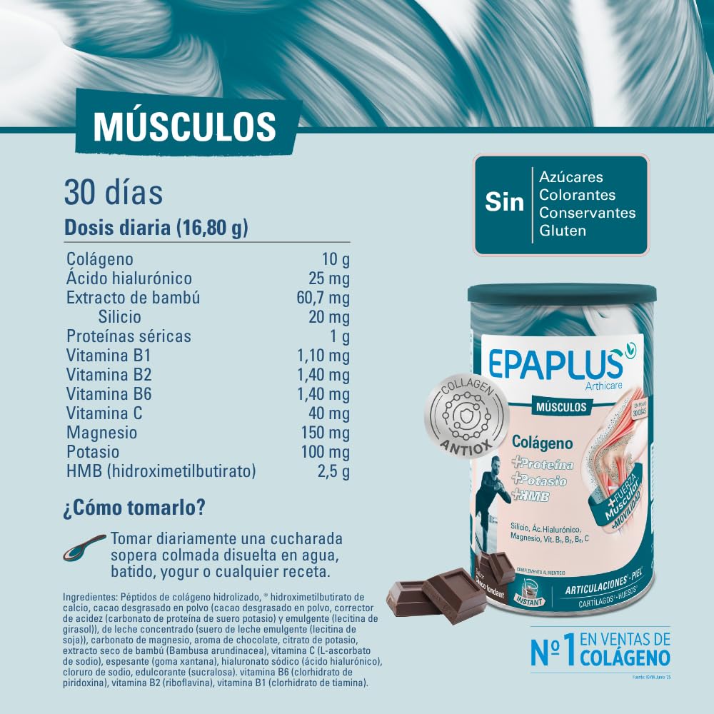 EPAPLUS Músculos – Colágeno en Polvo - Pack 2 Unidades de 504 gr para 60 días - Chocolate - Con Proteína, Potasio y HMB - 504 g