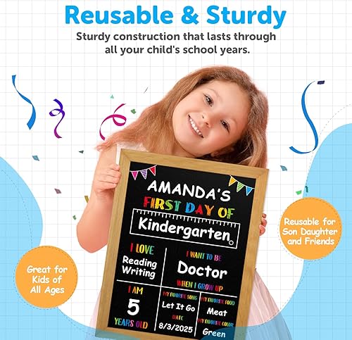 Miniatura 5 de PETCEE Letrero del primer día de escuela, marco de madera, pizarra de doble cara para el regreso a la escuela, reutilizable, borrable, de 10 x 12