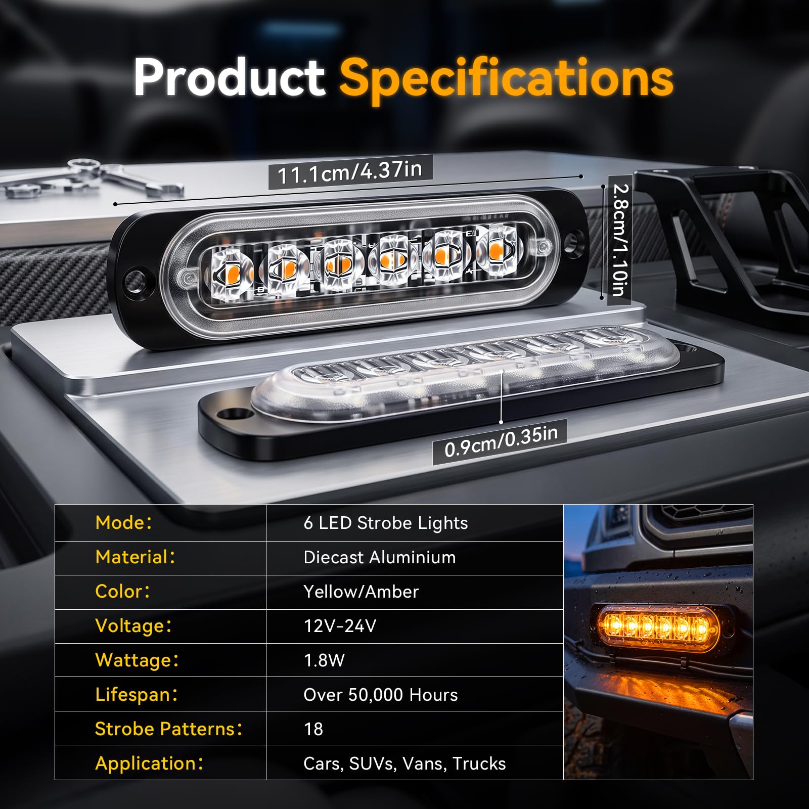 Defvnsy - Pack de 4 - Lumière stroboscopique ultra mince ambre à 6 LED - Barre lumineuse à LED Mini barre lumineuse d'urgence 18 Mode clignotant 12V-24V pour véhicule ou camion universel