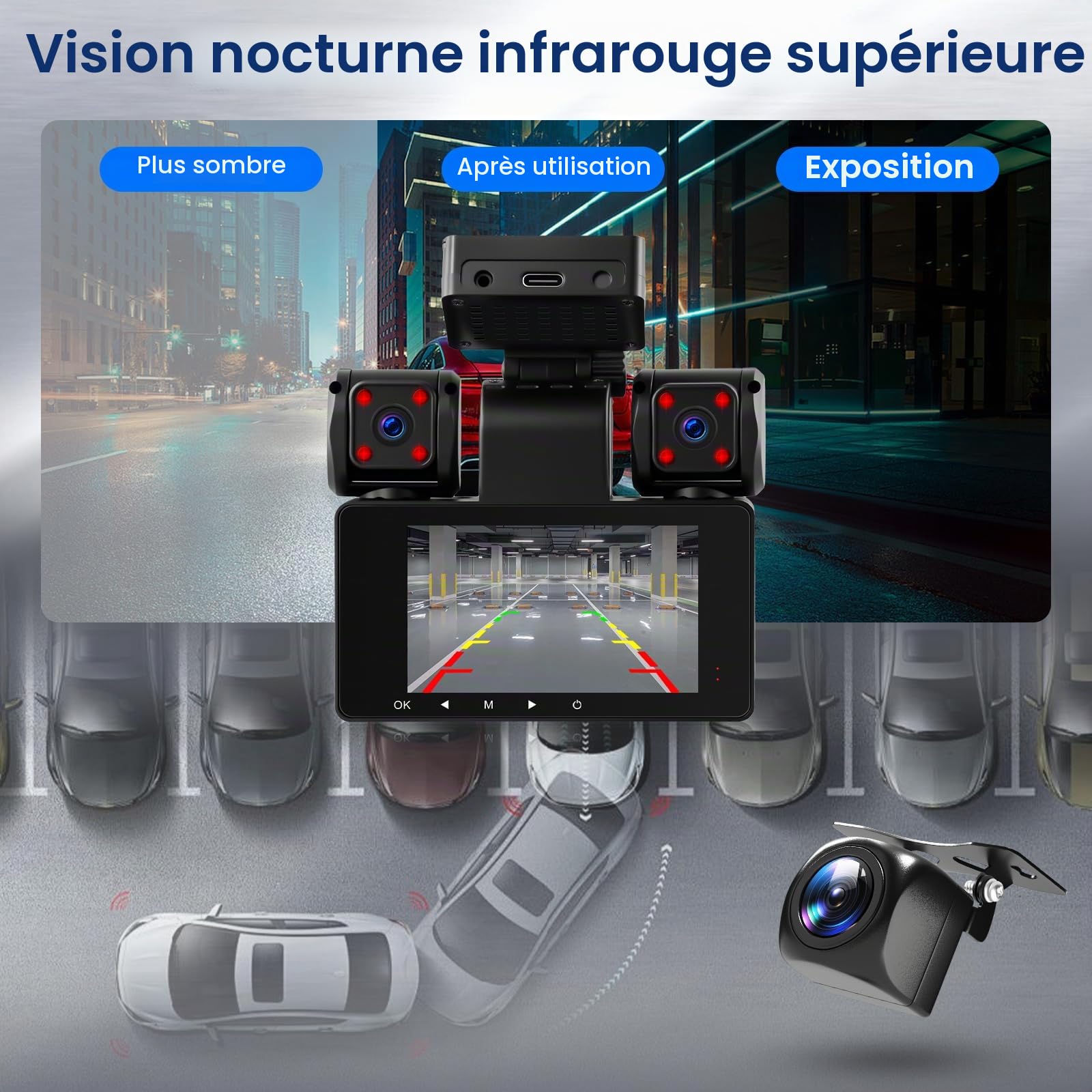 Hodozzy 2K Dashcam Voiture 360° avec 5GHz WiFi, 4 Caméras Avant Arrière Intérieur Gauche, Nachtsicht Ohne Licht, Écran Tactile IPS 3", Enregistrement en Boucle, Capteur G,Aide à la Marche arrière