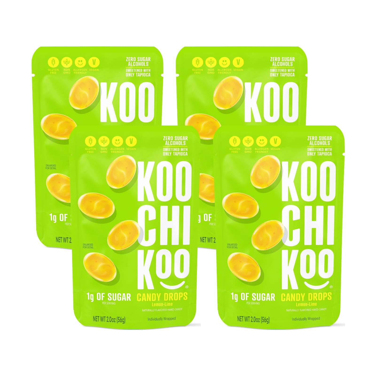 Koochikoo Flavored Hard Candy Drops, Lemon Lime Flavor, Organic, Vegan & Sugar Free Naturally Flavored Hard Candy, 16 Individually Wrapped Drops/Pouch (2 Ounce (Pack of 4))