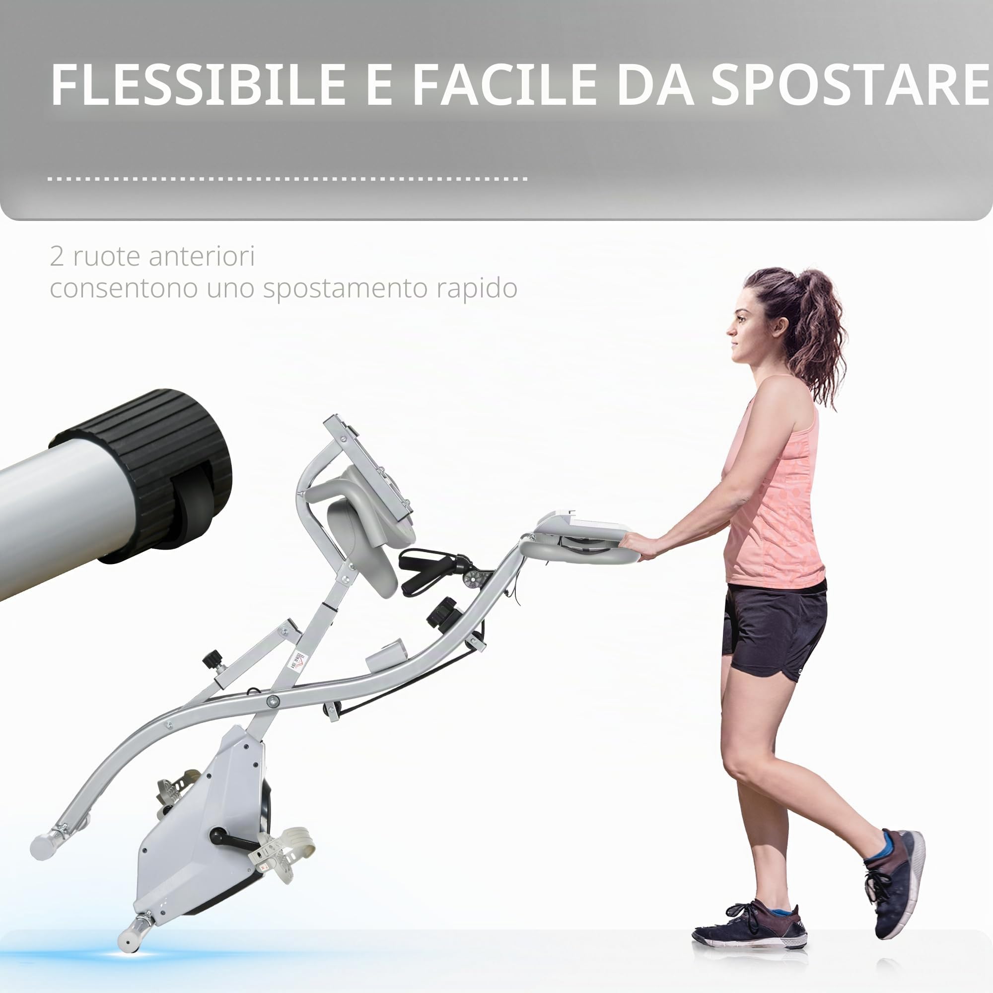 HOMCOM Cyclette pieghevole 4-in-1 magnetica ergometro LCD Grigio | Silenzioso, fasce di resistenza, palestra domestica, allenamento cardio, ruote, sedile comodo, Max 120 kg