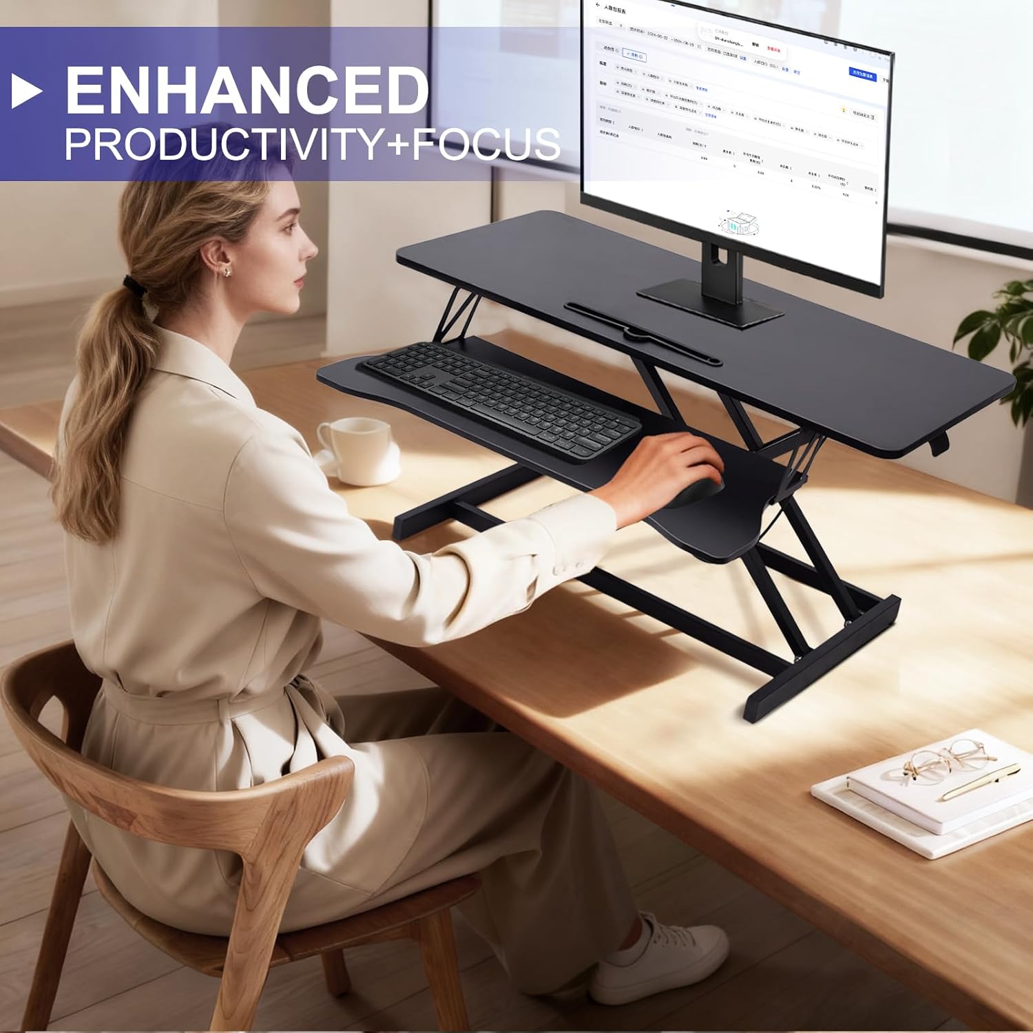 38-Inch Height Adjustable Standing Desk Converter, Duals Monitor & Laptop Riser with Wide Keyboard Tray, Sit to Stand Ergonomic Workstation for Home Office, School, Business, Black