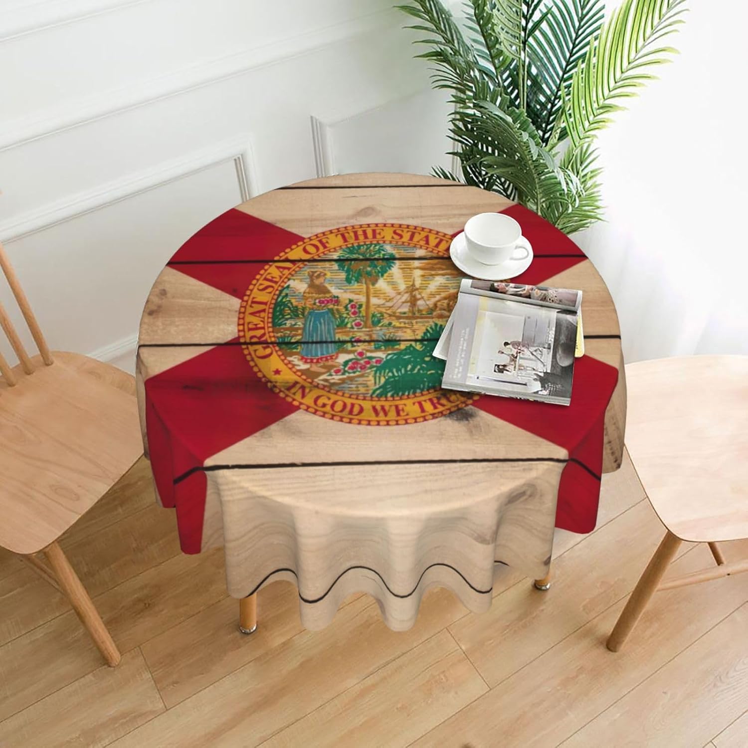 Florida Flag Wood Grain Print Wrinkle Free Dining Table Cover for Birthday Party Farmhouse Tablecloths Up to 60 x 60 Inches