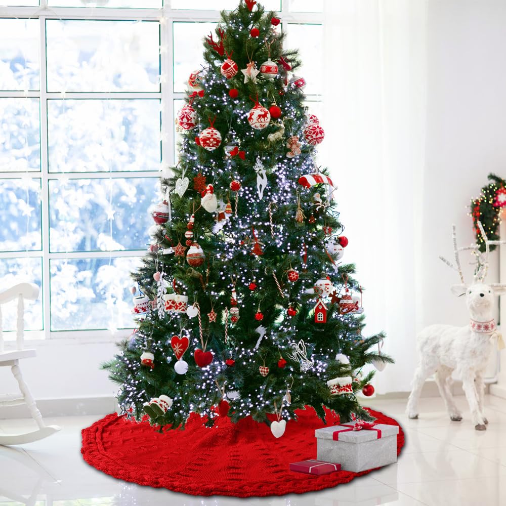 YUJUN Gonna lavorata a maglia per albero di Natale, 122 cm, colore: rosso