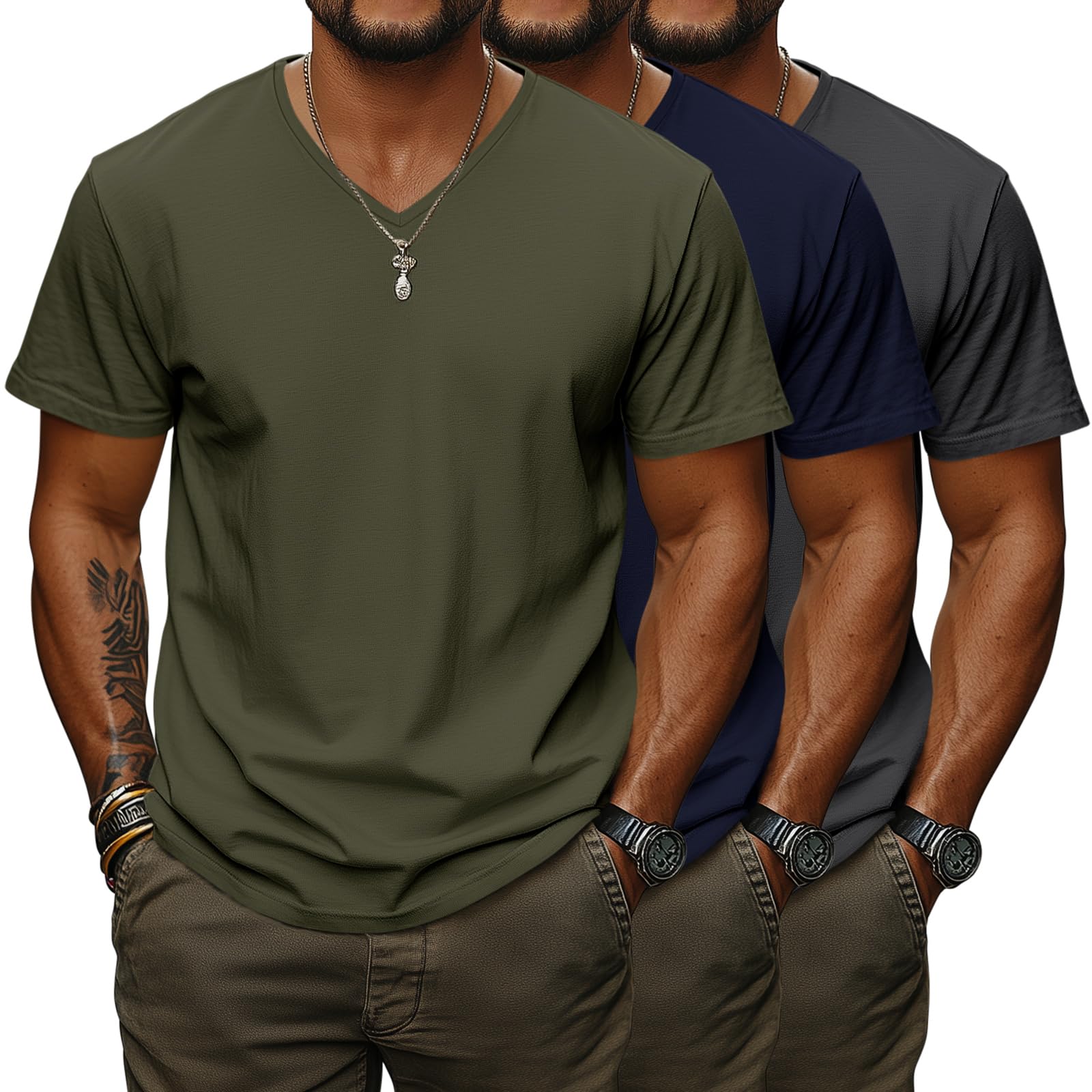 Ficerd 3 Pack Big and Tall V Neck Shirts for Men, Cotton Short Sleeve T Shirts Loose Casual Summer Basic Tee