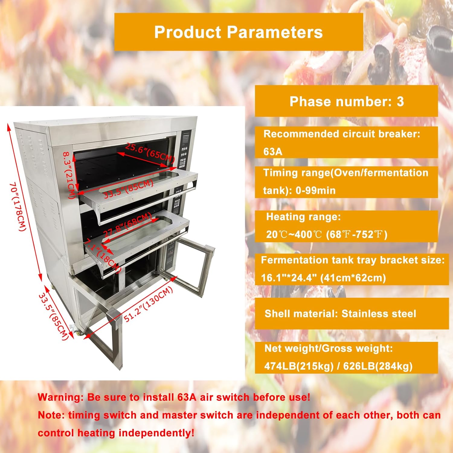 220V 13.2KW-15.6KW Commercial Pizza Oven with Fermentation Tank Double-deck Movable Oven 4 Baking Sheets and 8 Fermentation Sheets 20℃-400℃ 3PH (Tray not Included)