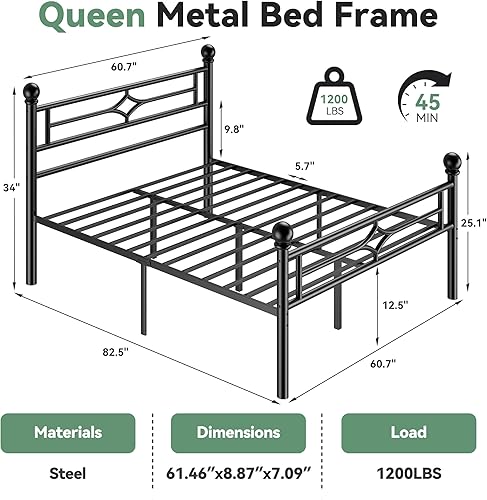 Miniatura 2 de BedsPick - Base de cama tamaño Queen con cabecera y estribo, marco de cama de plataforma de metal con esquinas redondeadas, soporte de listones de