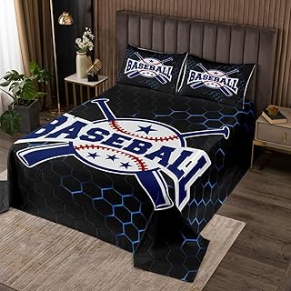 Baseball Lightweight Quilt Set for Kids Teens,Neon Geometric Bedspread Coverlet,Ball Games Bed Cover Blue Black Bedding Set Decorative Quilted 2 Piece Coverlet Set with 1 Pillow Sham,Twin Size