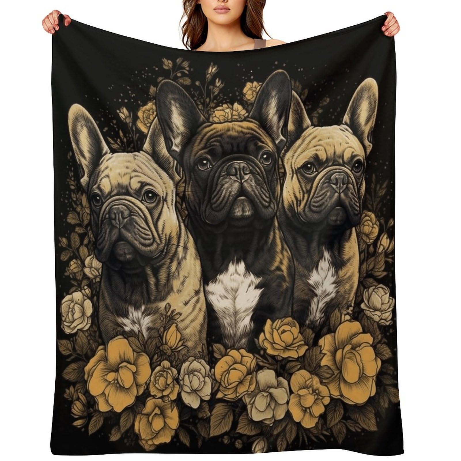 Three French Bulldogs Throw Blanket for Couch and Bed Super Soft Warm Lightweight Throw Blankets Cozy Fuzzy Flannel Blanket Personalized Decorative Blankets for Sofa Decor 50"x60"