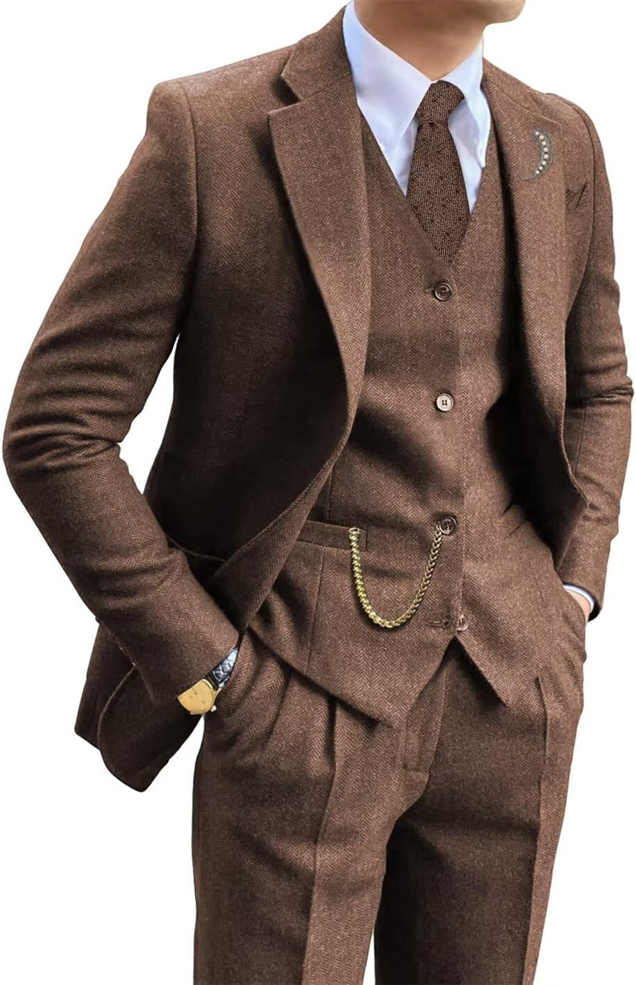 Retro Tweed Brown Men Suit 3 Piece Herringbone Slim Fit Suits Wedding Tuxedos Set Prom Jacket Blazers Vest Pants for Mens