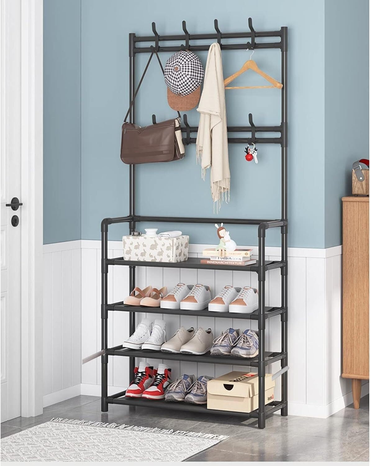 KIJyfgTR Clothes Rack, Coat Rack Stand With Hooand Shoes Rack, Free-Standing Hall Tree For Hallway, Entryway/Black(Schwarz,80 * 26 * 155Cm)