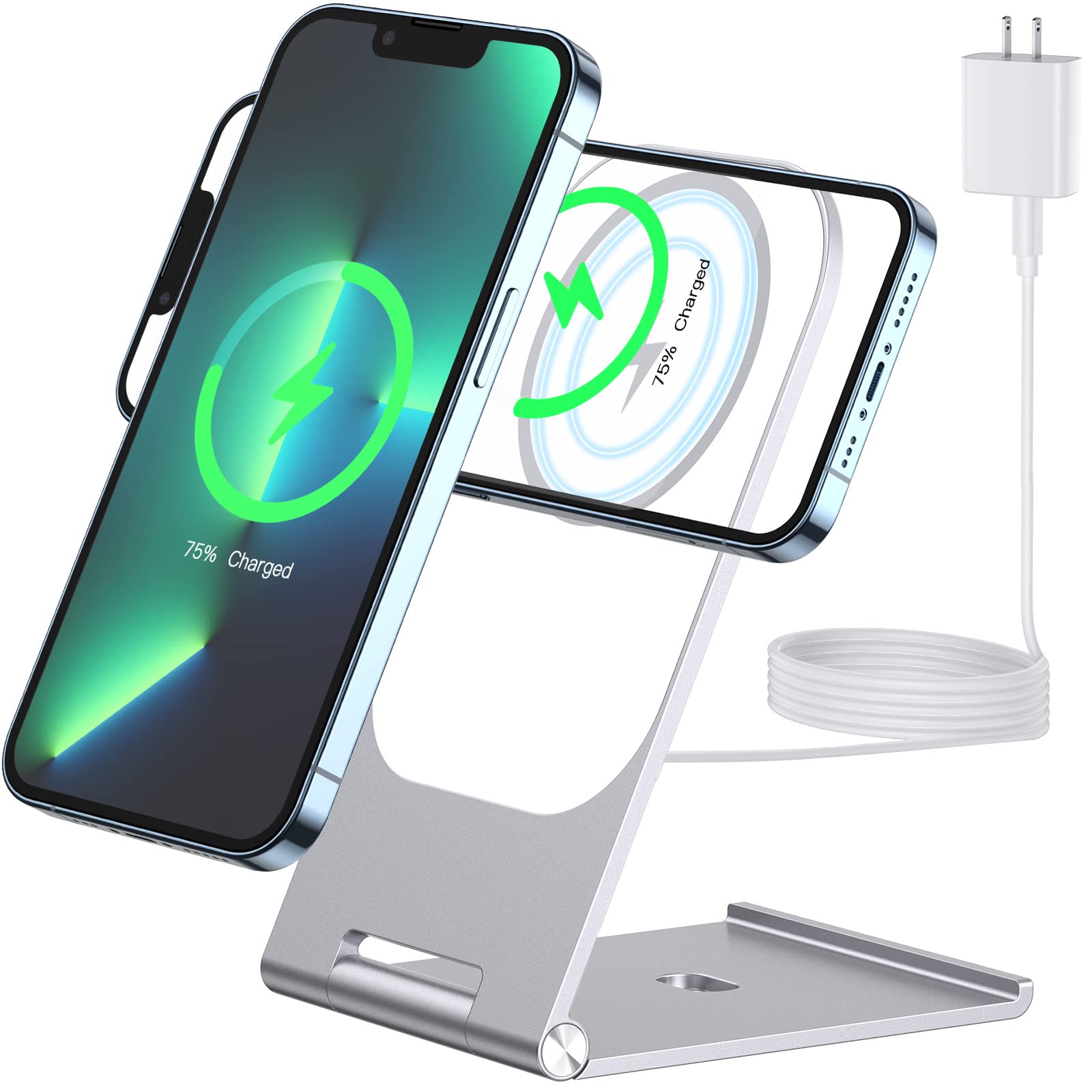 Photo 1 of FEPPO Foldable Magnetic Wireless Charger Compatible with iPhone 13/12 Series + 20W Power Adapter, Fast Aluminum Alloy Mag Safe Charging Stand Holder with 3.3FT Cable