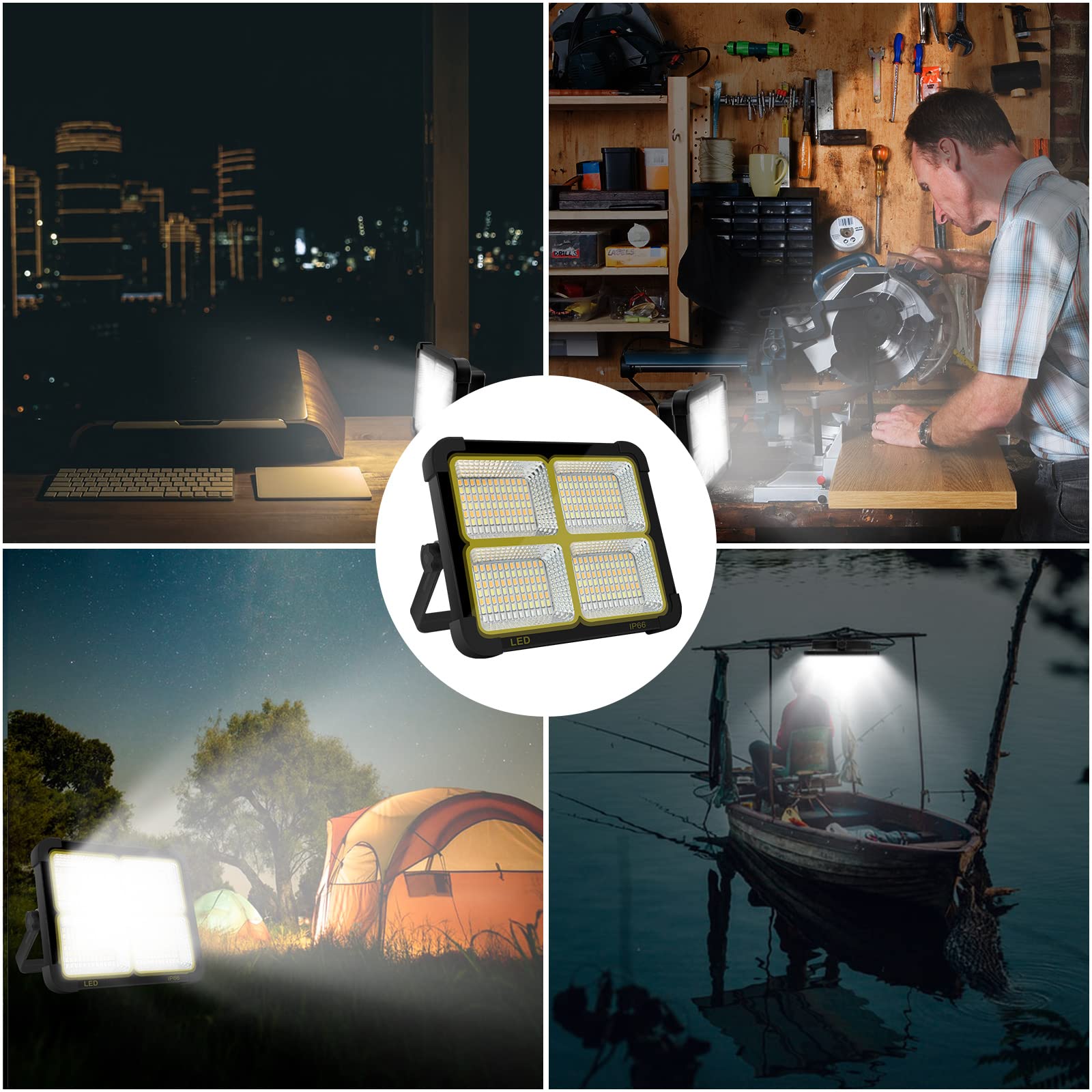 CosyEasy - Proiettore LED ricaricabile 100 W 10.000 lm, luce da lavoro, lanterna portatile con pannello solare, 16500 mAh, USB, ricaricabile, per campeggio, canto, garage, officina