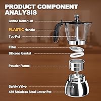 Vista 3 de Olla de plástico transparente de 4 tazas de acero inoxidable sin recubrimiento, cafetera italiana, cafetera moca greca, cocina clásica de inducción