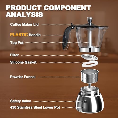 Miniatura 3 de Olla de plástico transparente de 6 tazas de acero inoxidable sin recubrimiento, cafetera italiana, cafetera moca greca, cafetera clásica de