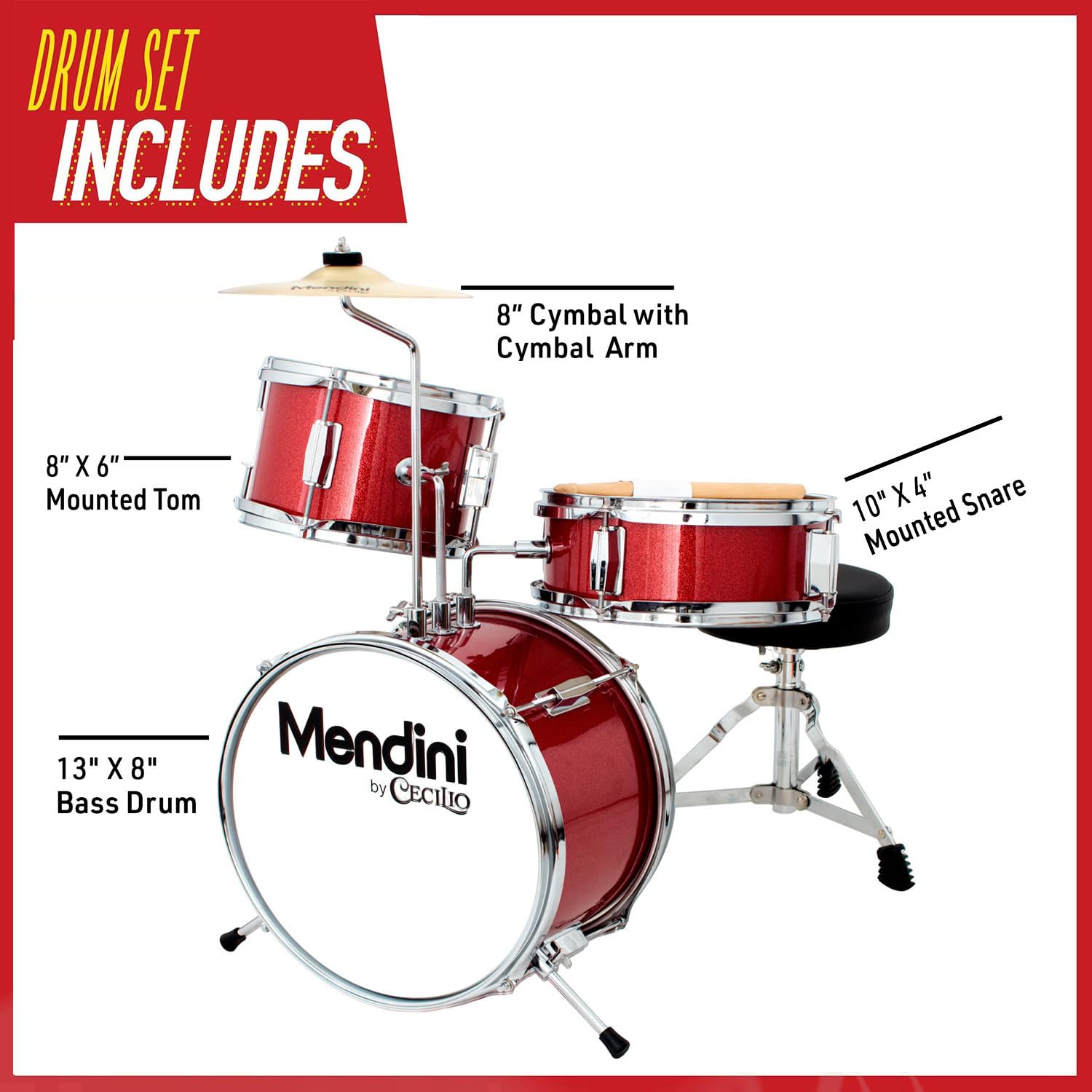 Mendini 3-Piece 13-Inch Junior Drum Set, Metallic Bright Red